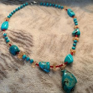 Turquoise and red stone bead necklace